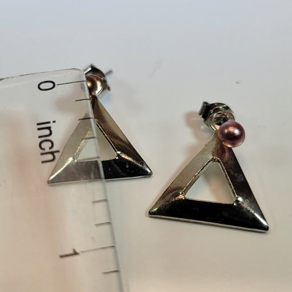 Geometric Silver Triangle Earrings with Pink and Gold Pearls, Modern Minimalist - Picture 3 of 10
